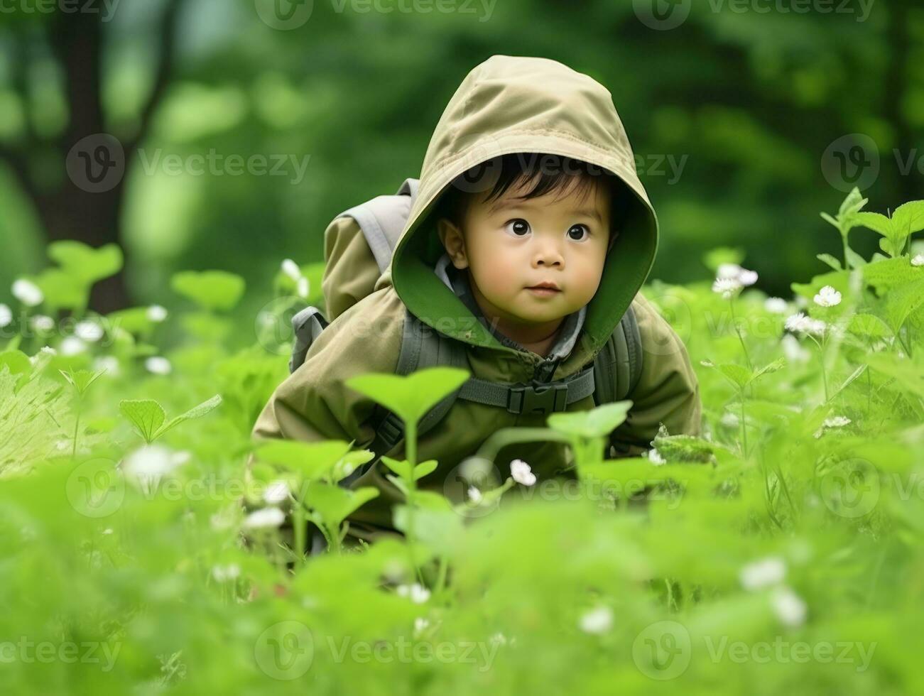 bezaubernd Baby erkunden das Natur ai generativ foto