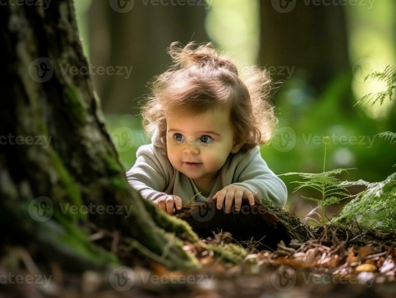 bezaubernd Baby erkunden das Natur ai generativ foto