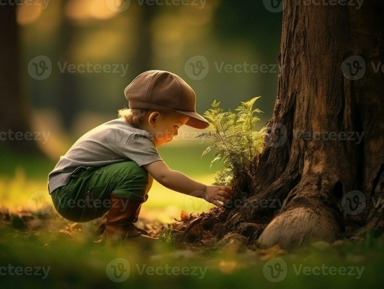 bezaubernd Baby erkunden das Natur ai generativ foto