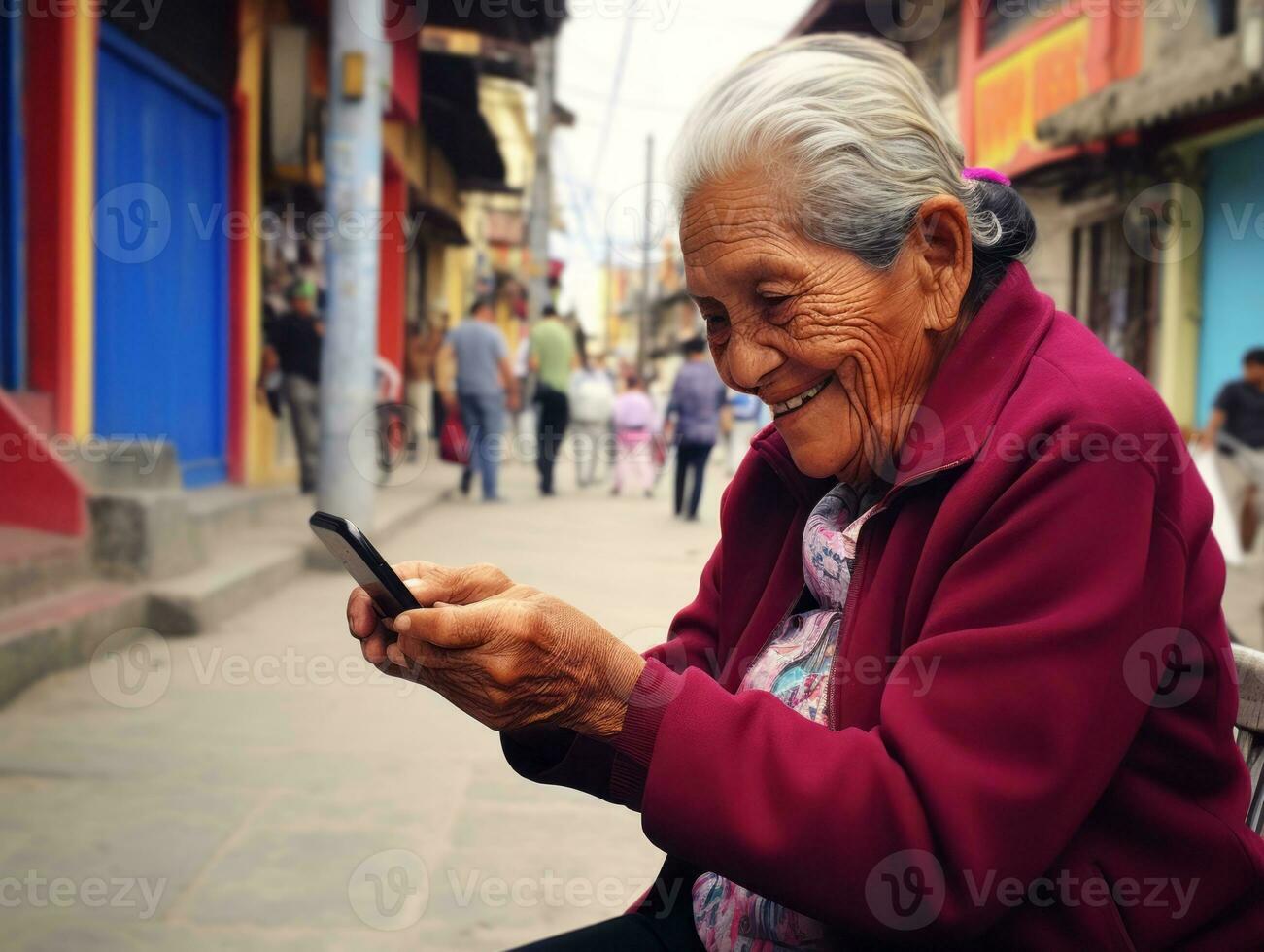 alt Frau von Kolumbien mit ein Smartphone zum online Kommunikation ai generativ foto