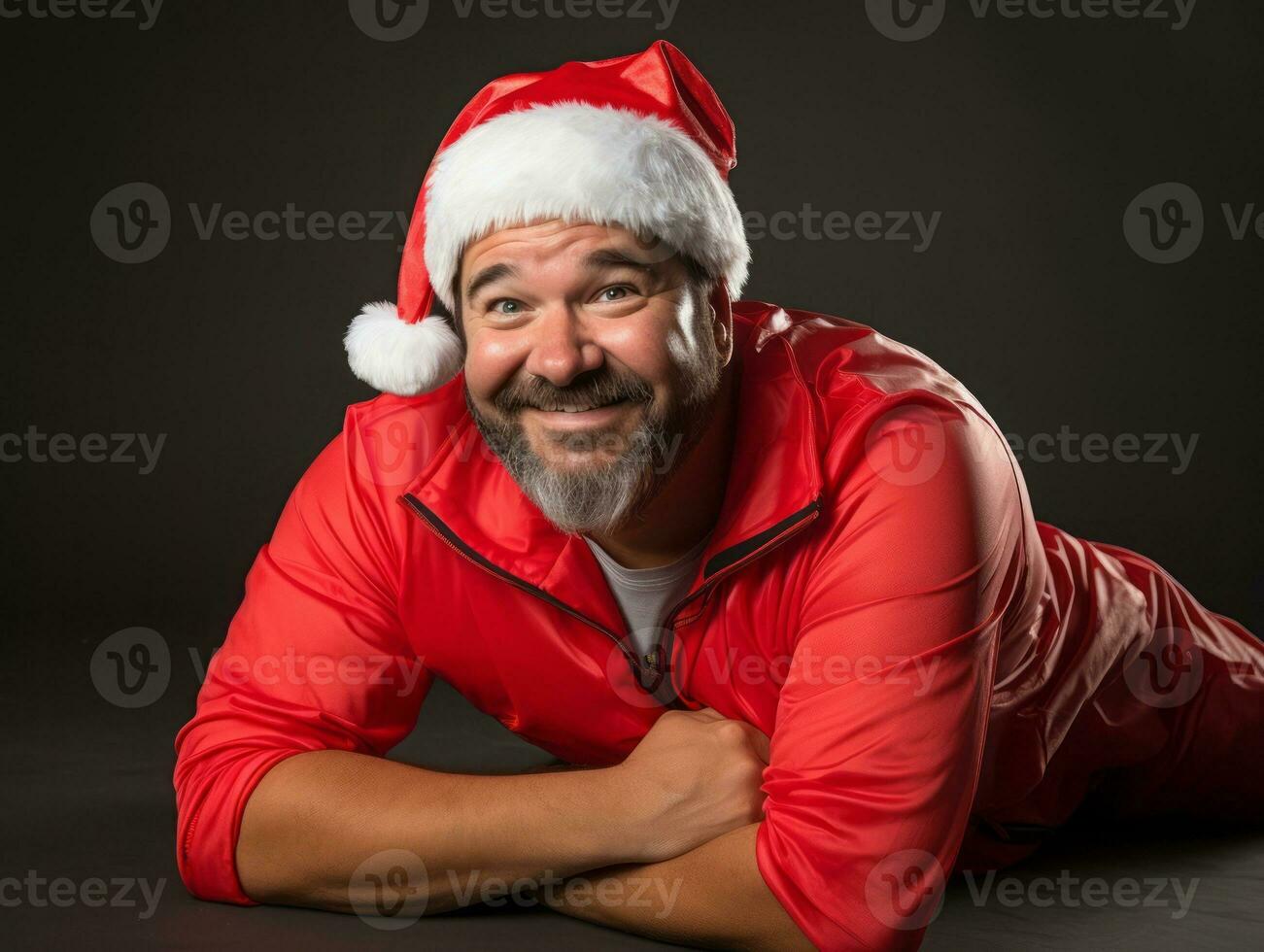 Mann gekleidet wie Santa claus im spielerisch Pose auf solide Hintergrund ai generativ foto