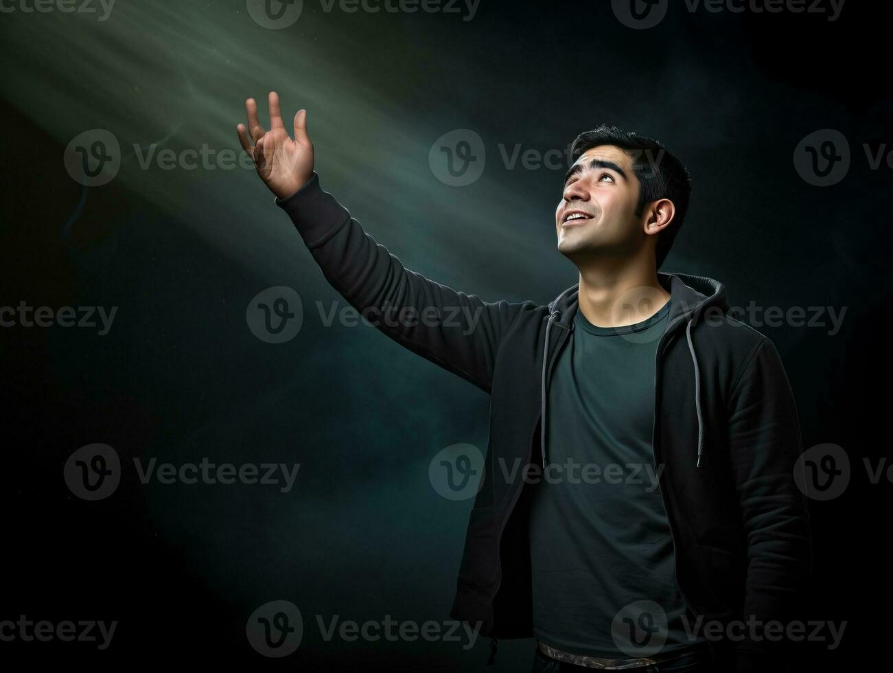 jung gut aussehend Mann emotional Gesten auf solide Hintergrund ai generativ foto