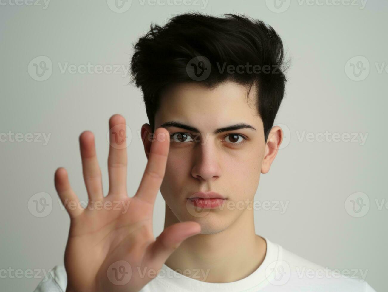 jung gut aussehend Mann emotional Gesten auf solide Hintergrund ai generativ foto