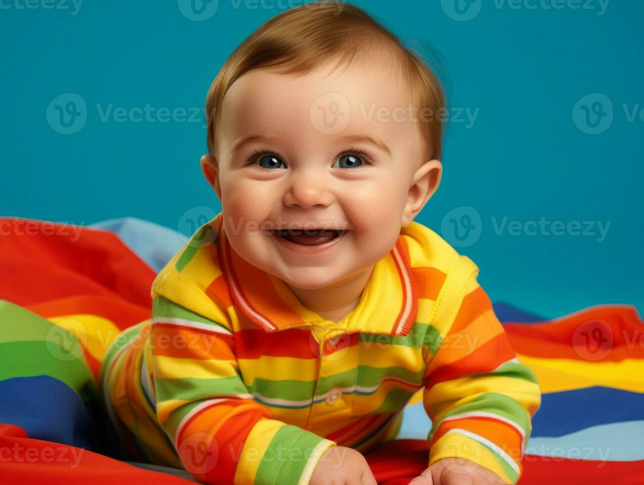 bezaubernd Baby mit beschwingt Kleidung im ein spielerisch Pose ai generativ foto