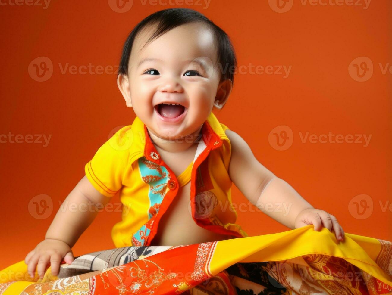 bezaubernd Baby mit beschwingt Kleidung im ein spielerisch Pose ai generativ foto