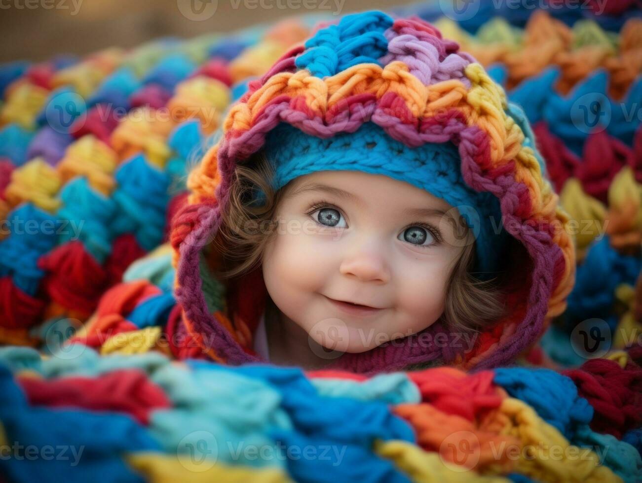 bezaubernd Baby mit beschwingt Kleidung im ein spielerisch Pose ai generativ foto