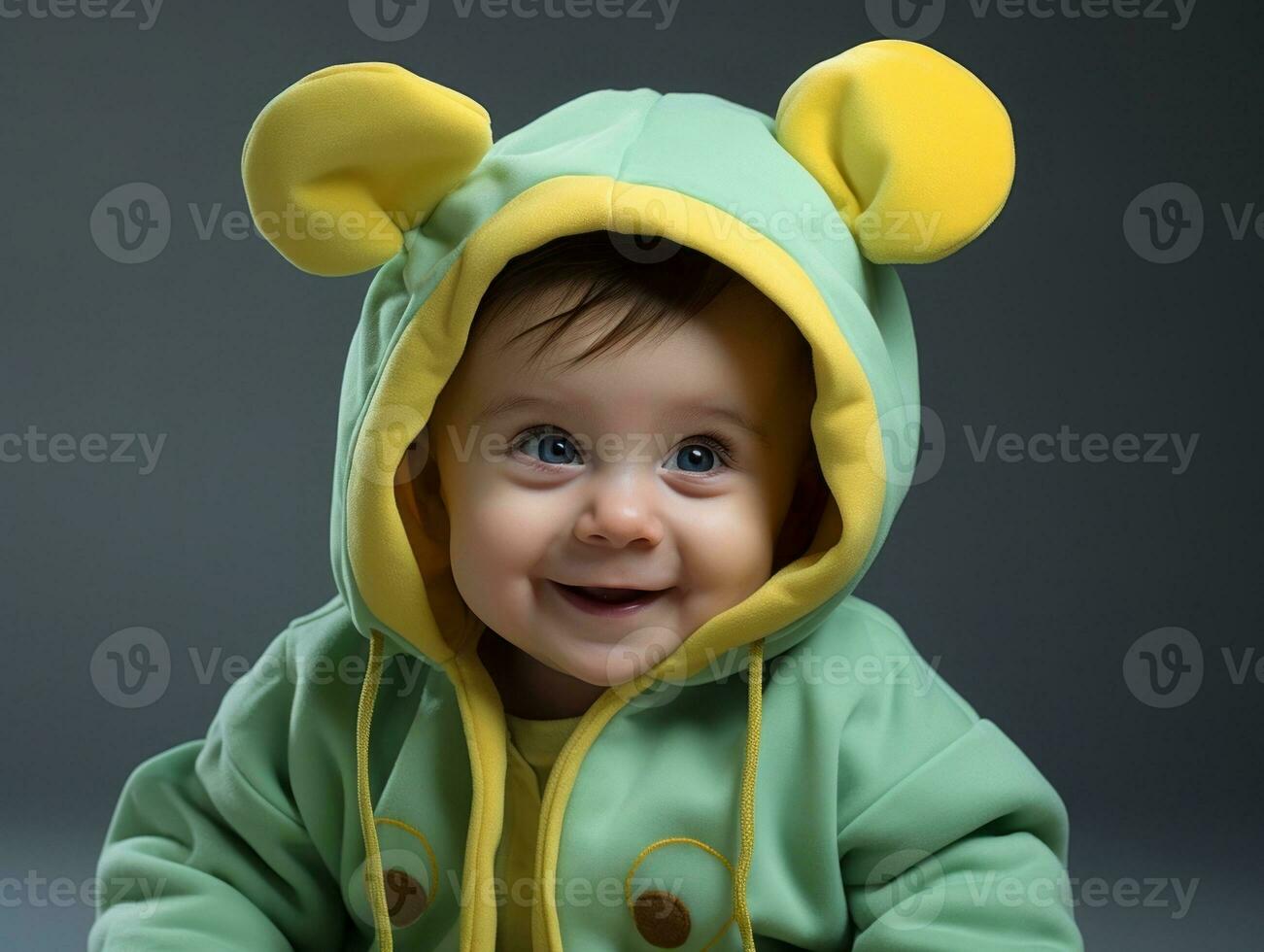 bezaubernd Baby mit beschwingt Kleidung im ein spielerisch Pose ai generativ foto