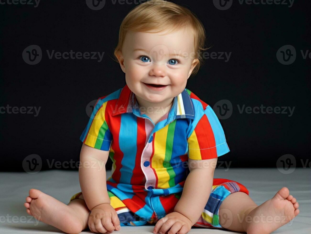 bezaubernd Baby mit beschwingt Kleidung im ein spielerisch Pose ai generativ foto