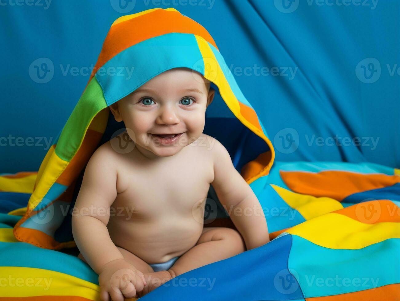 bezaubernd Baby mit beschwingt Kleidung im ein spielerisch Pose ai generativ foto