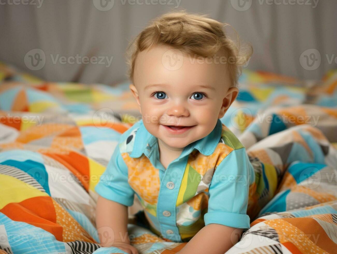 bezaubernd Baby mit beschwingt Kleidung im ein spielerisch Pose ai generativ foto