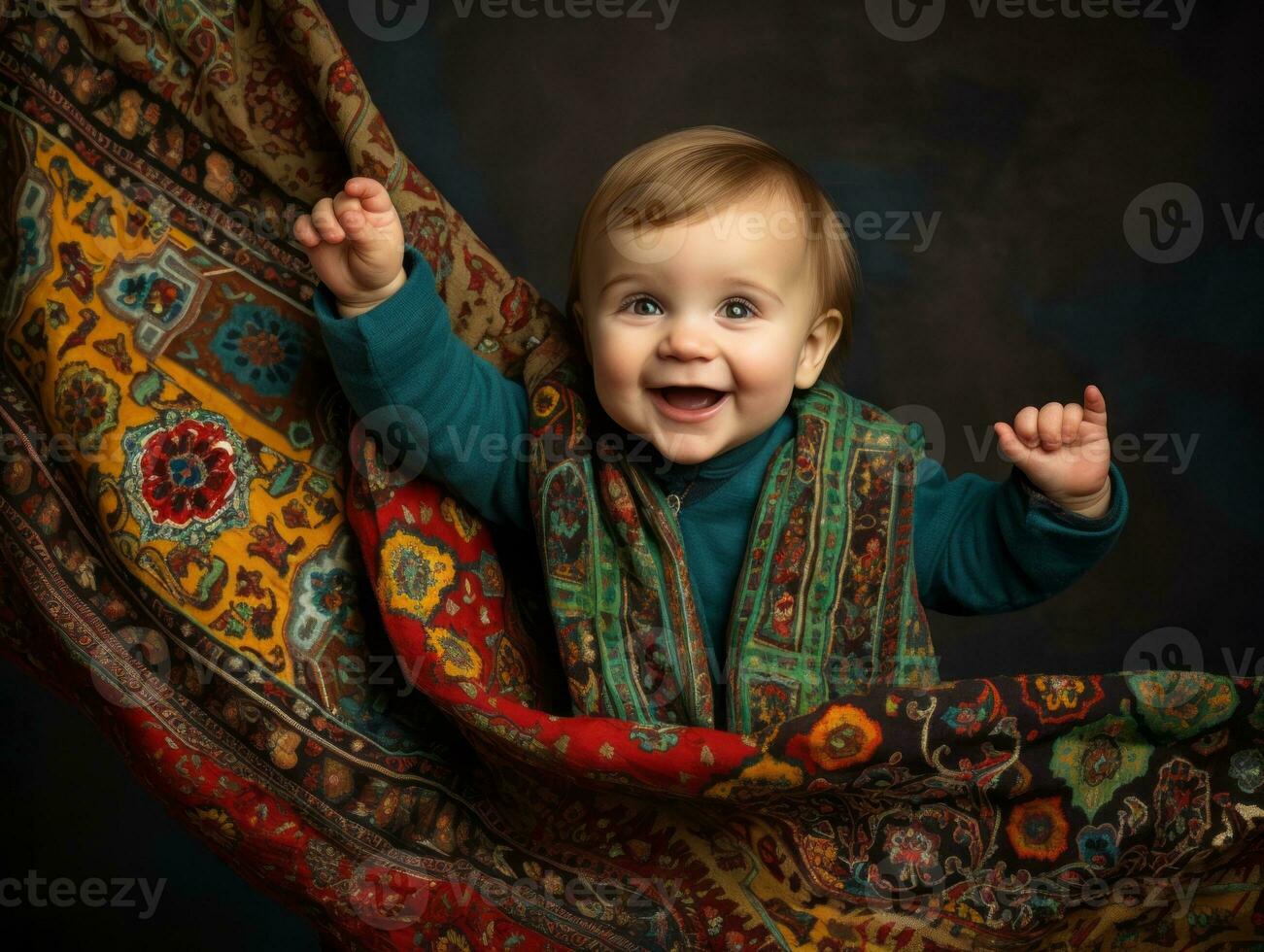 bezaubernd Baby mit beschwingt Kleidung im ein spielerisch Pose ai generativ foto