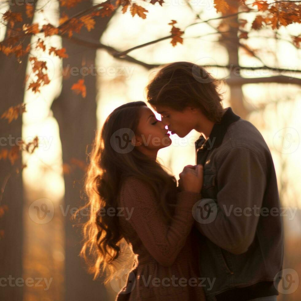 liebend Teenager interracial Paar ist genießen ein romantisch Herbst Tag ai generativ foto