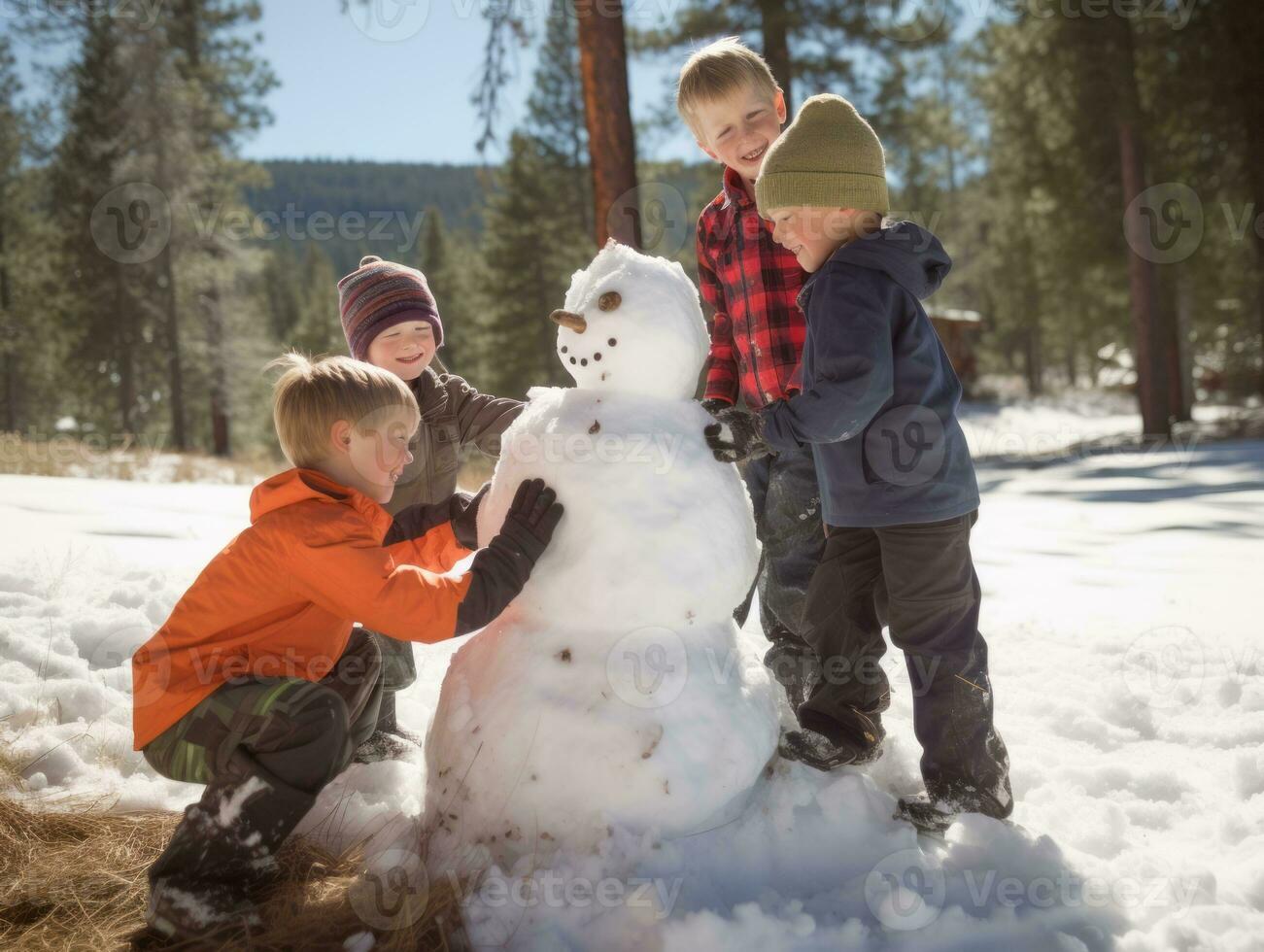 Kinder Gebäude ein Schneemann im Winter Tag ai generativ foto