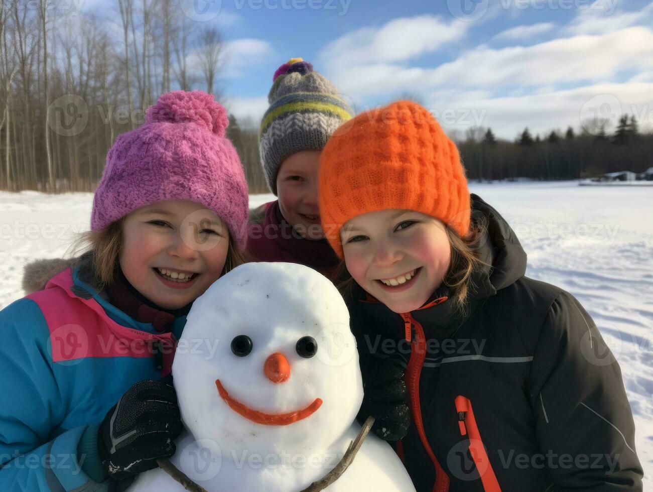 Kinder Gebäude ein Schneemann im Winter Tag ai generativ foto
