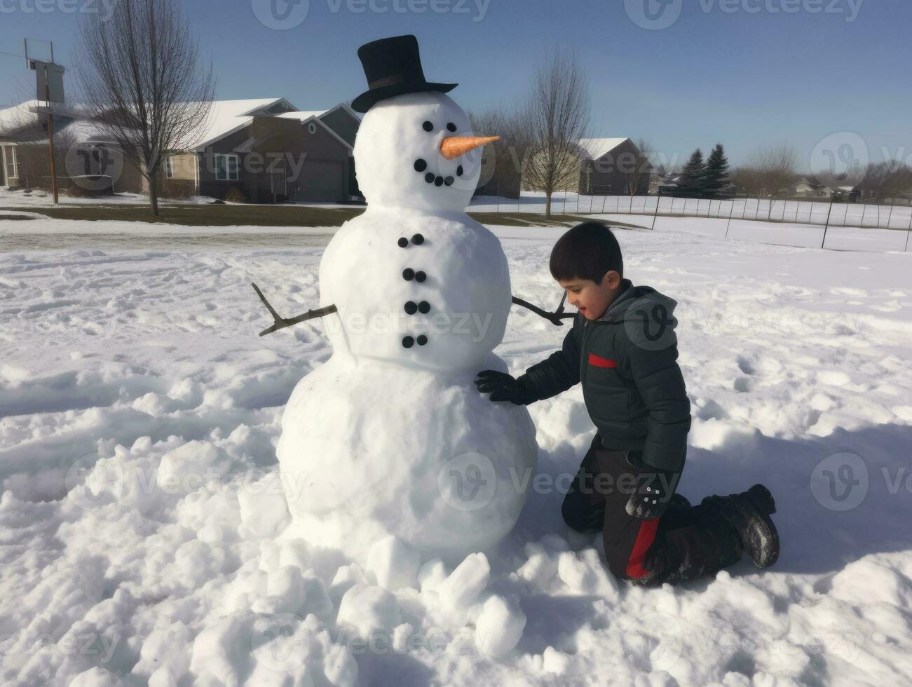 Kinder Gebäude ein Schneemann im Winter Tag ai generativ foto