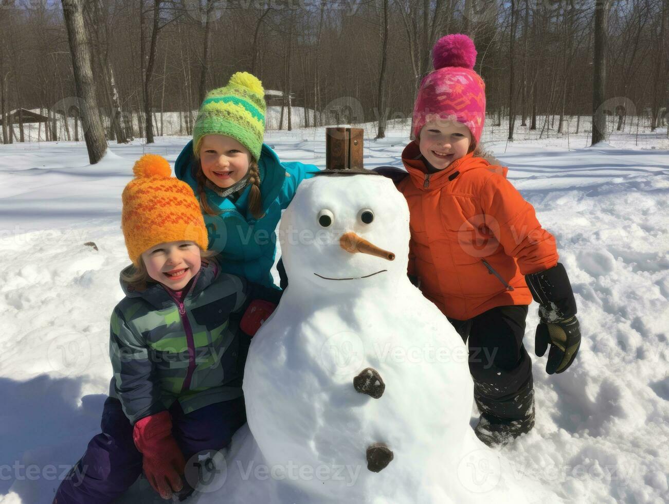 Kinder Gebäude ein Schneemann im Winter Tag ai generativ foto