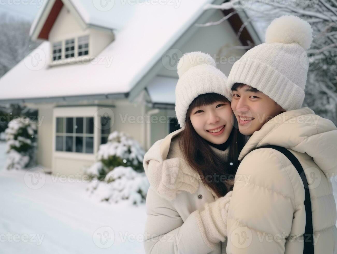 liebend asiatisch Paar ist genießen ein romantisch Winter Tag ai generativ foto