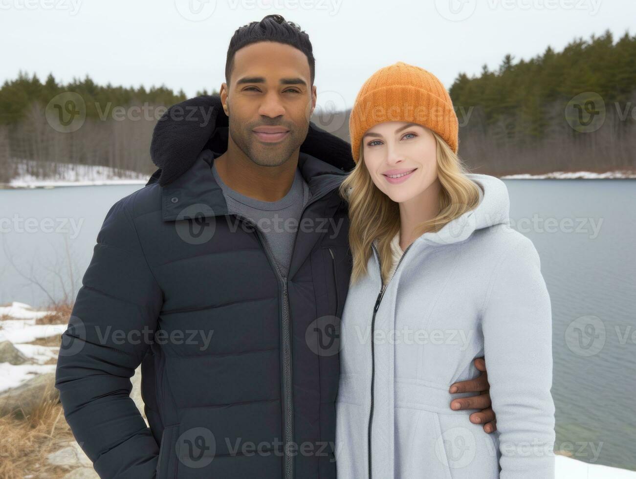 liebend interracial Paar ist genießen ein romantisch Winter Tag ai generativ foto