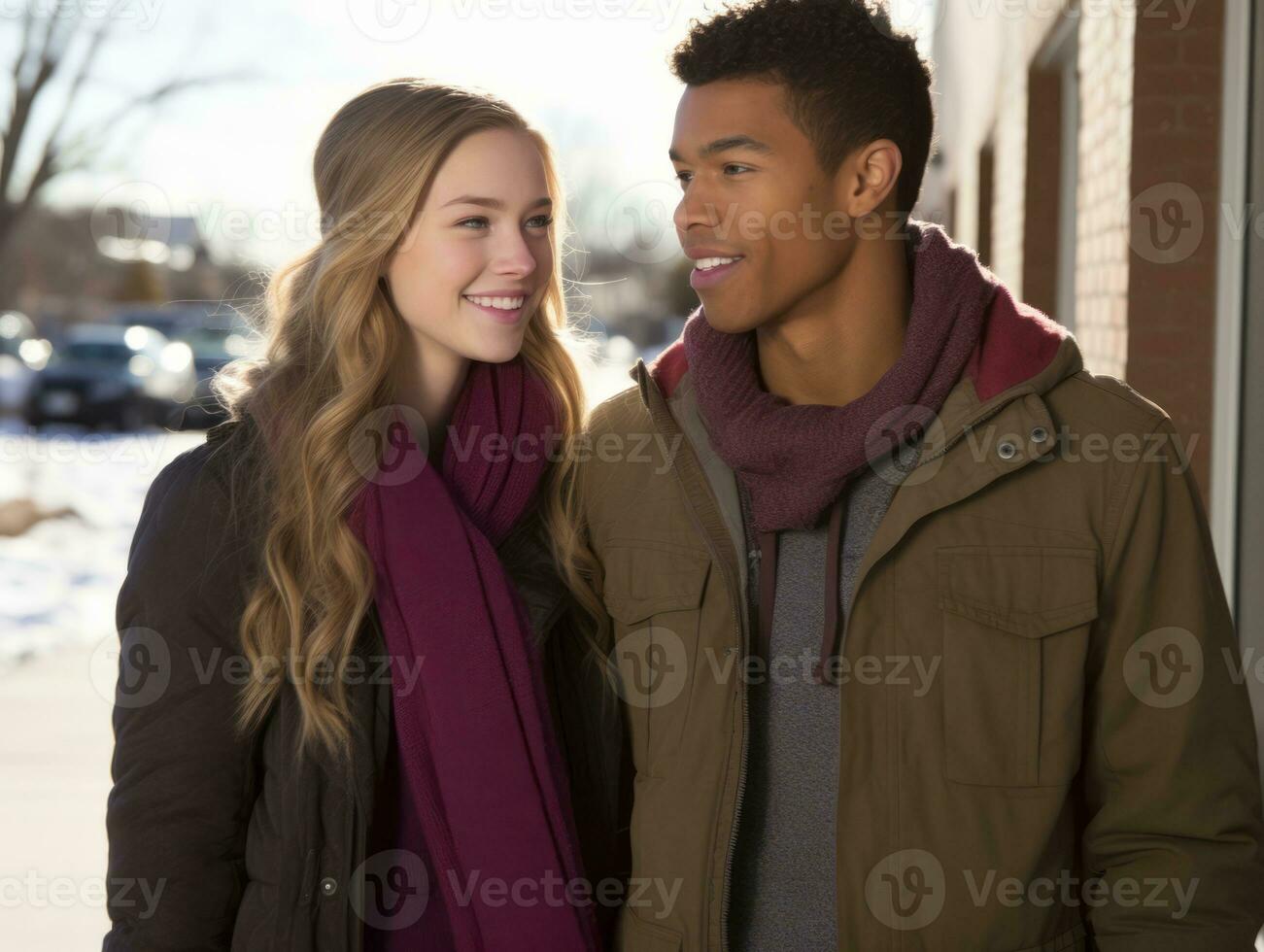 liebend interracial Paar ist genießen ein romantisch Winter Tag ai generativ foto