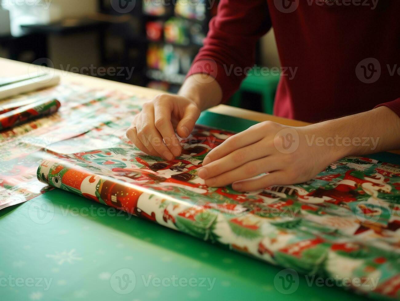 Mann Verpackung die Geschenke mit Urlaub thematisch Verpackung Papier ai generativ foto