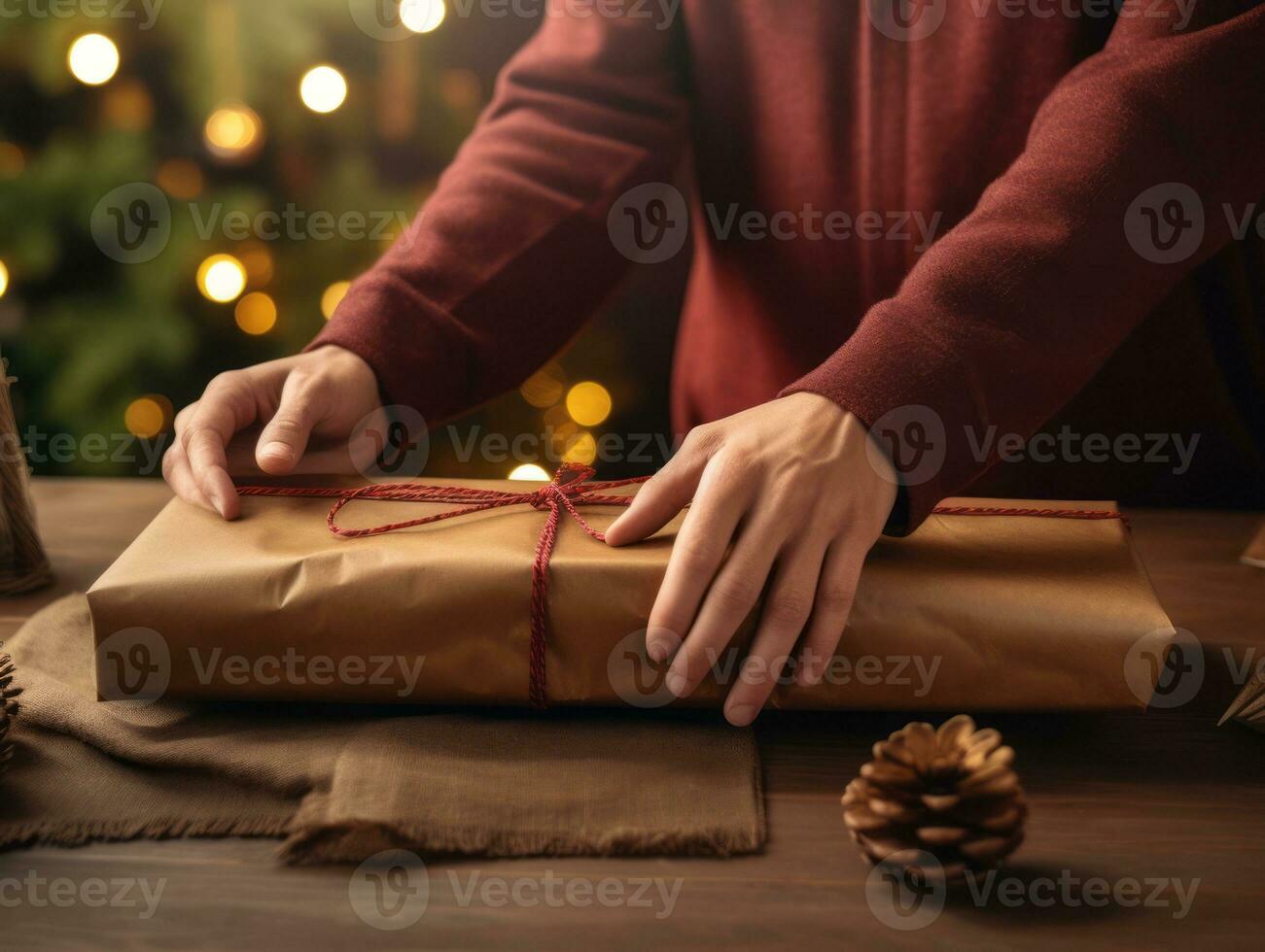 Mann Verpackung die Geschenke mit Urlaub thematisch Verpackung Papier ai generativ foto