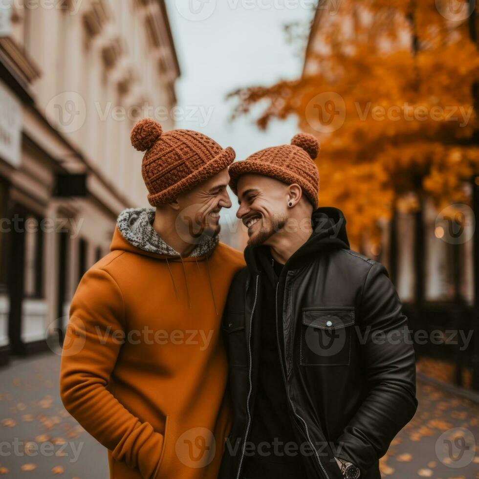 liebend homosexuell Paar ist genießen ein romantisch Herbst Tag ai generativ foto