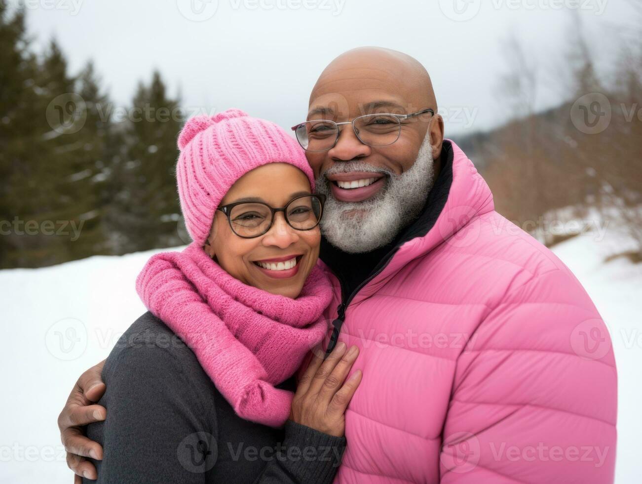 liebend alt afrikanisch amerikanisch Paar ist genießen ein romantisch Winter Tag ai generativ foto