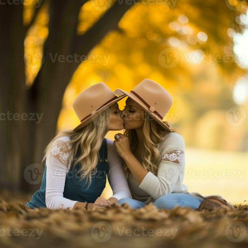 liebend homosexuell Frauen Paar ist genießen ein romantisch Herbst Tag ai generativ foto