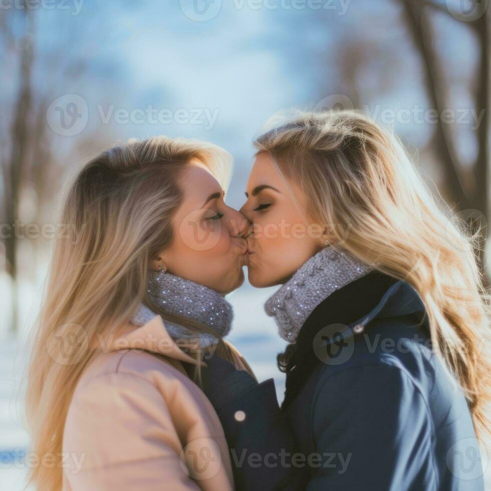 liebend homosexuell Frauen Paar ist genießen ein romantisch Winter Tag ai generativ foto