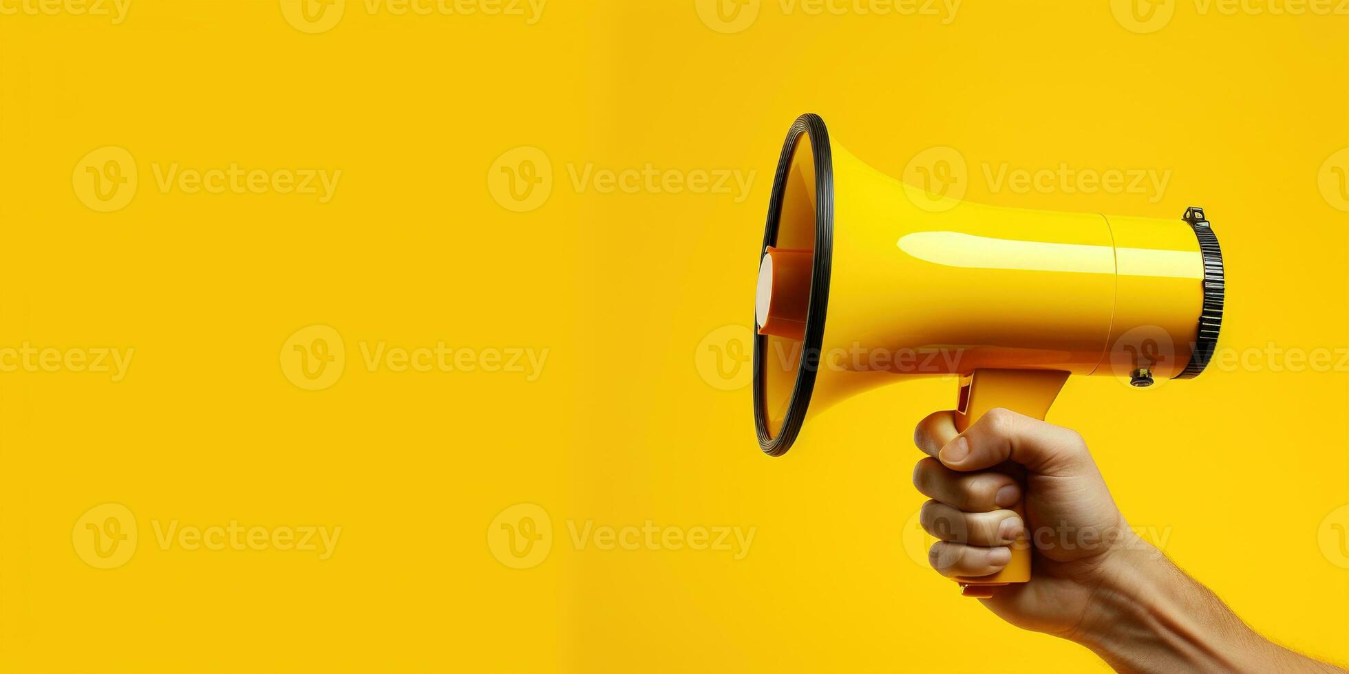 generativ ai, Megaphon im Hand auf ein leeren Gelb Hintergrund, Panorama- Bild mit Kopieren Raum foto