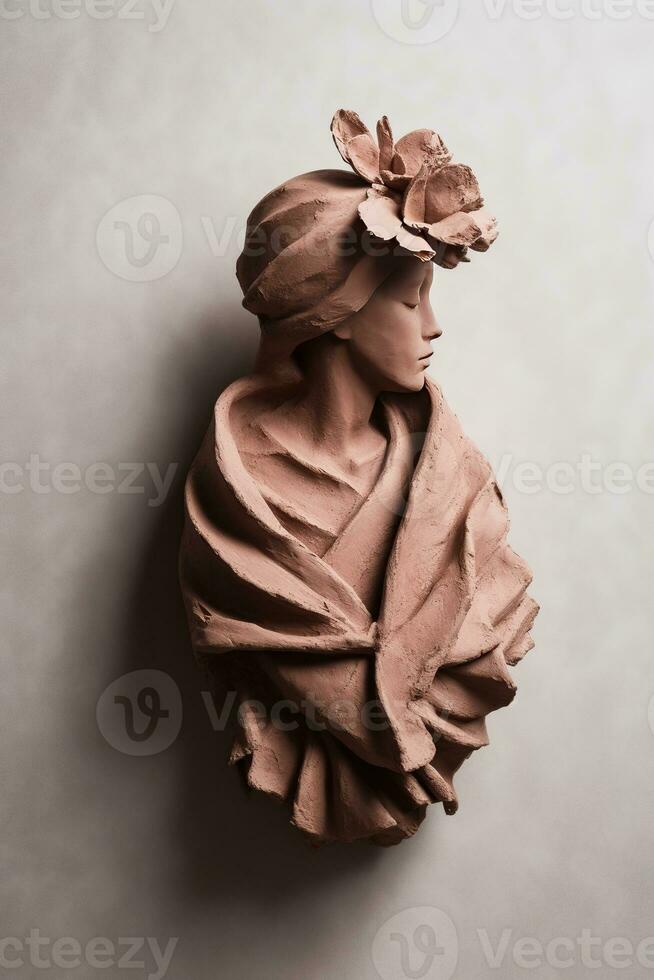 generativ ai, fotorealistisch Antiquität Skulptur und Blumen, stumm geschaltet neutral Farben, 3d Stil Keramik Statue foto