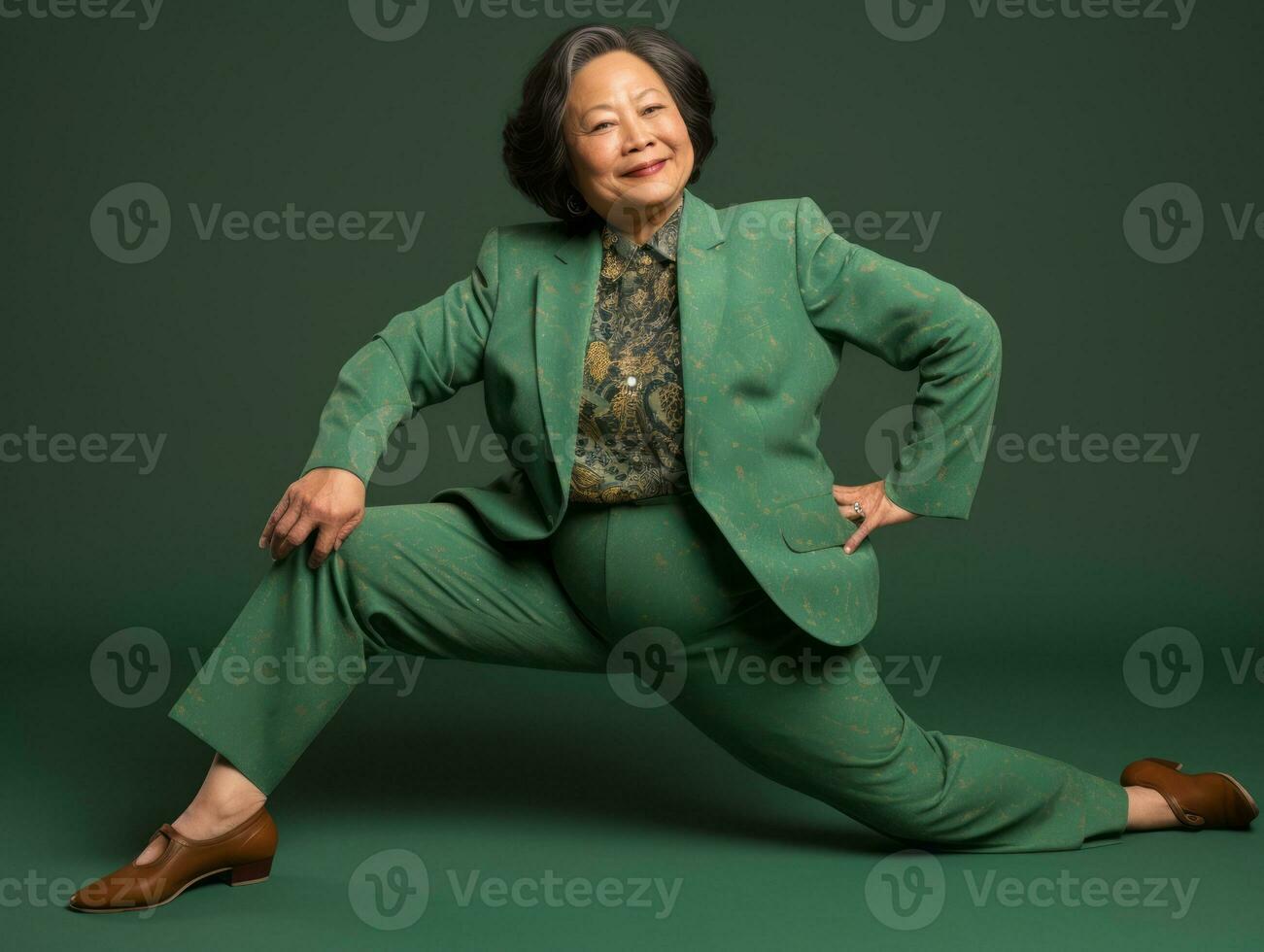 40 Jahr alt asiatisch Frau im emotional dynamisch Pose auf solide Hintergrund ai generativ foto