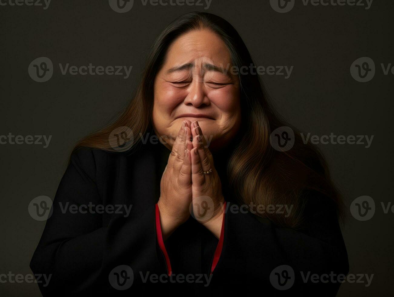 50 Jahr alt asiatisch Frau im emotional dynamisch Pose auf solide Hintergrund ai generativ foto