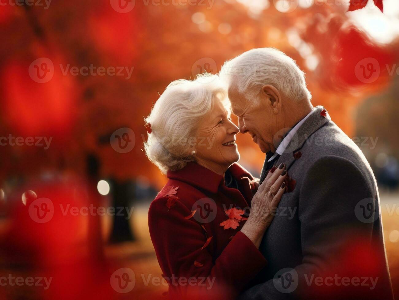 liebend alt Paar ist genießen ein romantisch Herbst Tag ai generativ foto