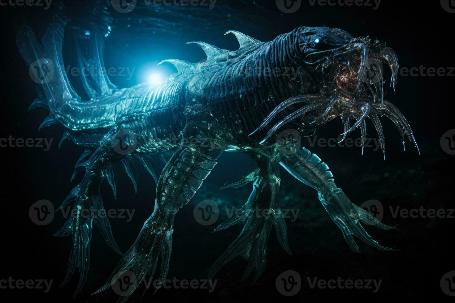 Unbekannt tief Meer Leviathan silhouettiert gegen ein lumineszierend unter Wasser Hintergrund foto