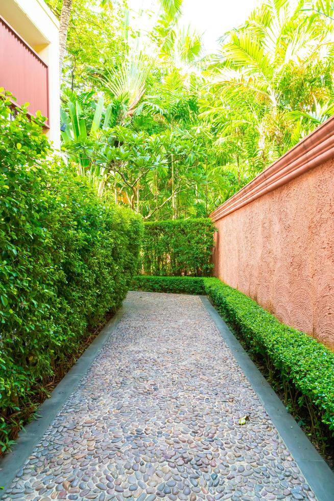 leerer Gehweg mit Bäumen und orangefarbener Wand foto