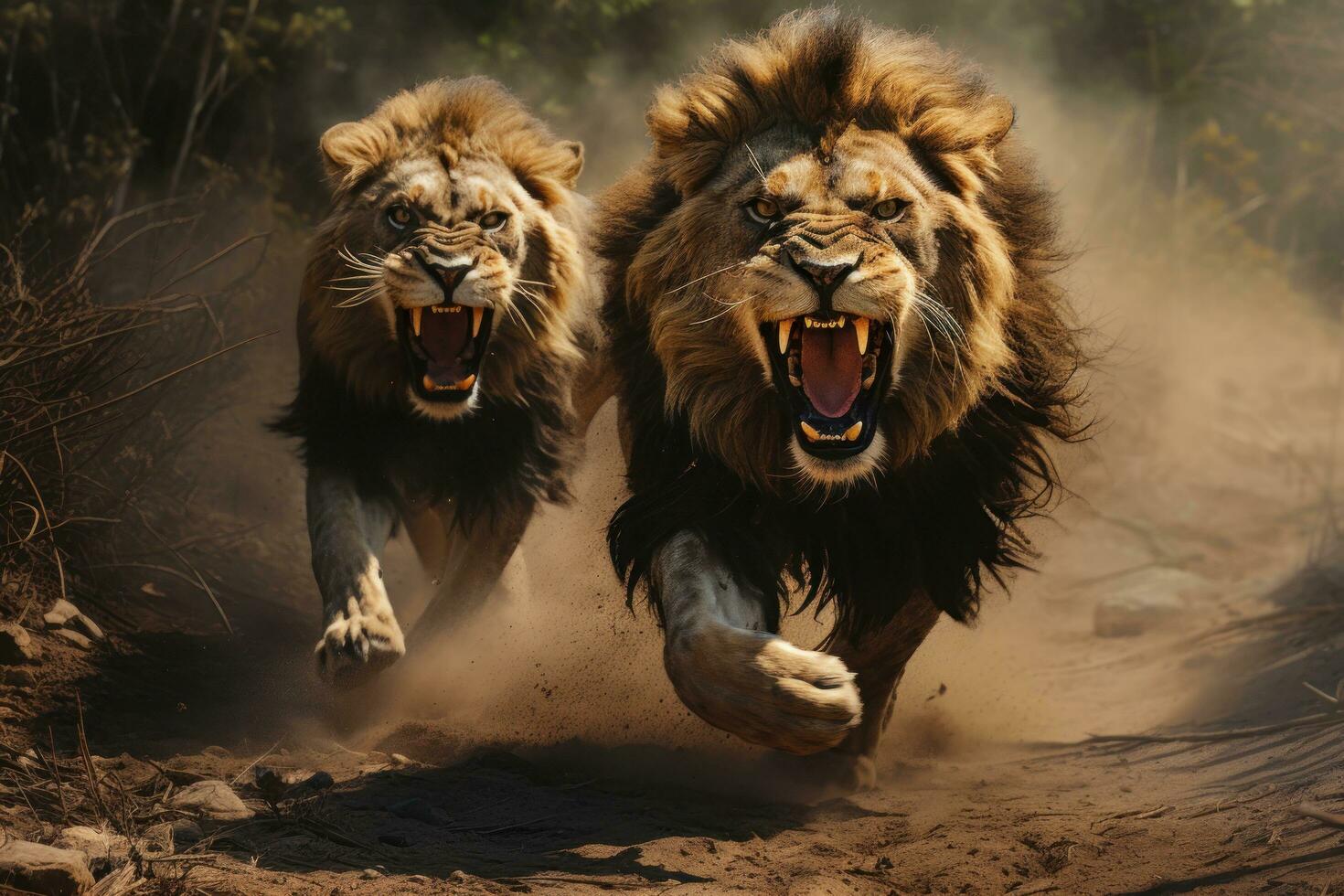 das Löwen Laufen wild im Vorderseite von ein natürlich Hintergrund foto