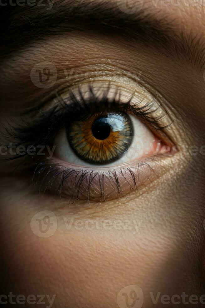 weiblich Auge mit lange Wimpern Nahansicht. ai generiert foto