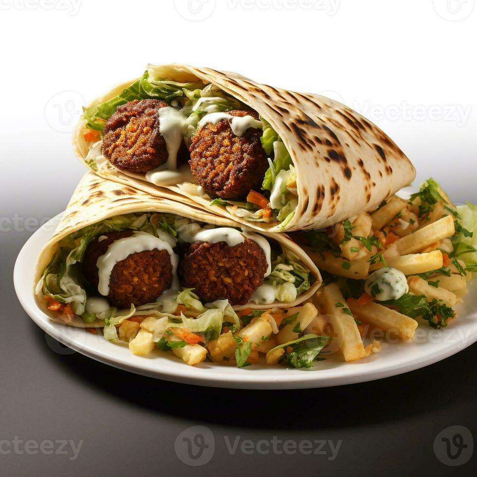 ein Bild von Tortilla wickeln mit Falafel und Gemüse auf Weiß Hintergrund generativ ai foto