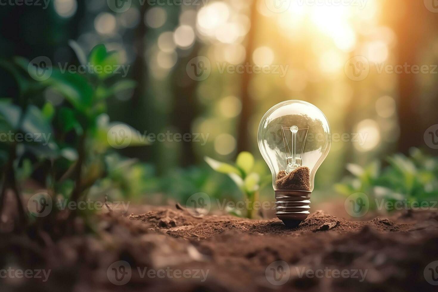 ein elektrisch Licht Birne wachsend im das Wald. das Idee von verlängerbar  Energie Quellen und Energie Erhaltung. das Konzept von Umwelt Erhaltung und  global Erwärmen. Erde Tag. ai generiert 29046143 Stock-Photo bei