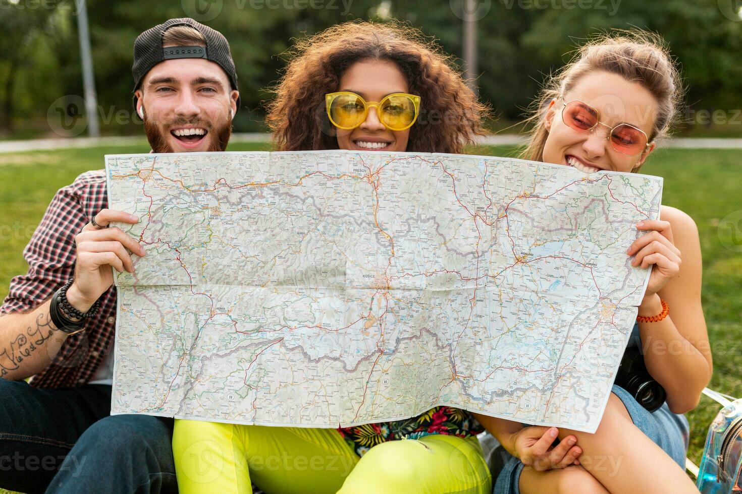 glücklich jung Unternehmen von reden lächelnd freunde Sitzung Park foto