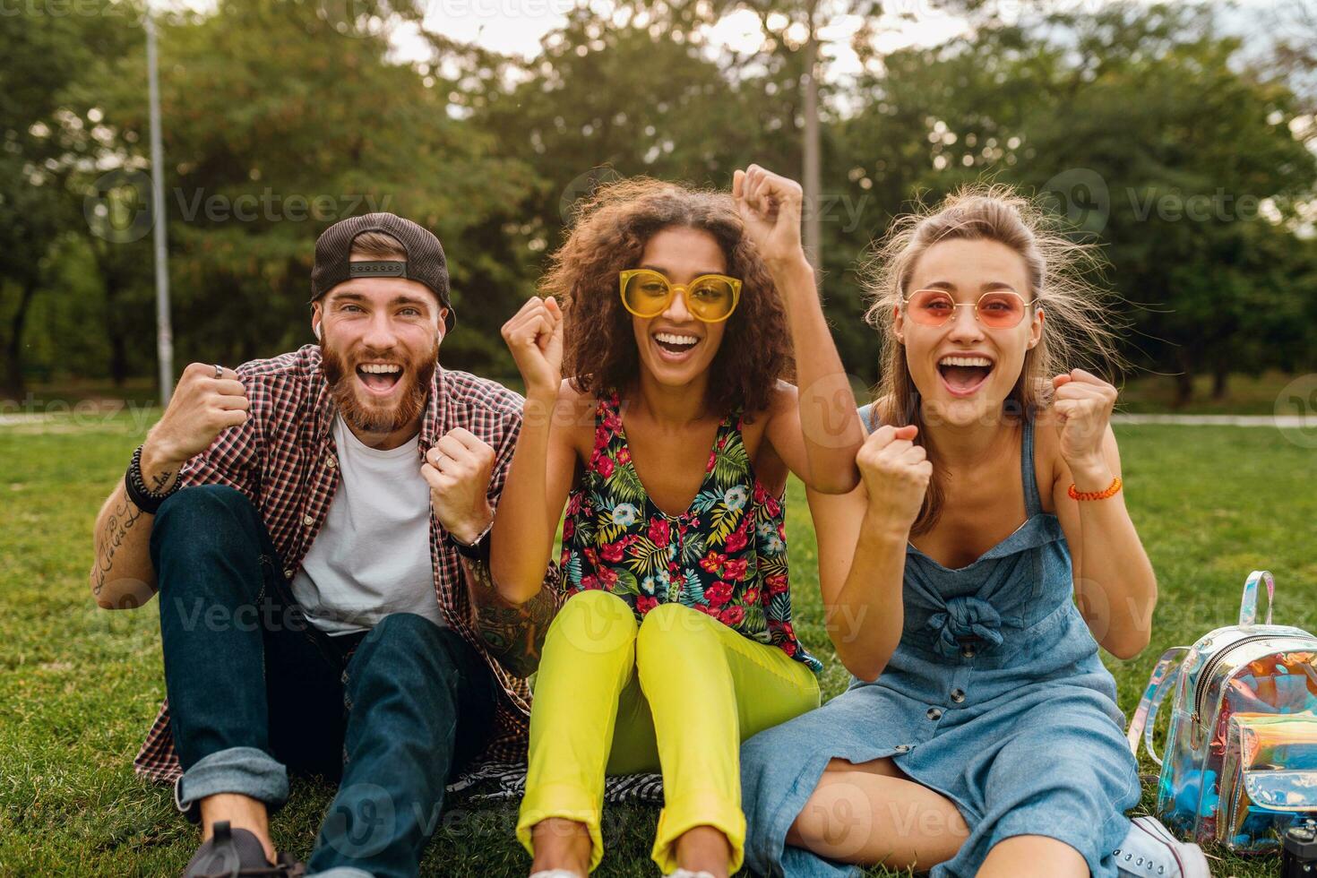 glücklich jung Unternehmen von freunde Sitzung Park foto