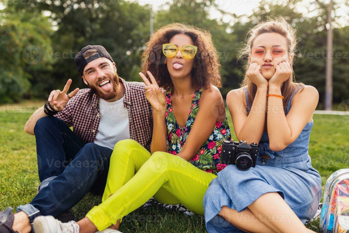 glücklich jung Unternehmen von freunde Sitzung Park foto