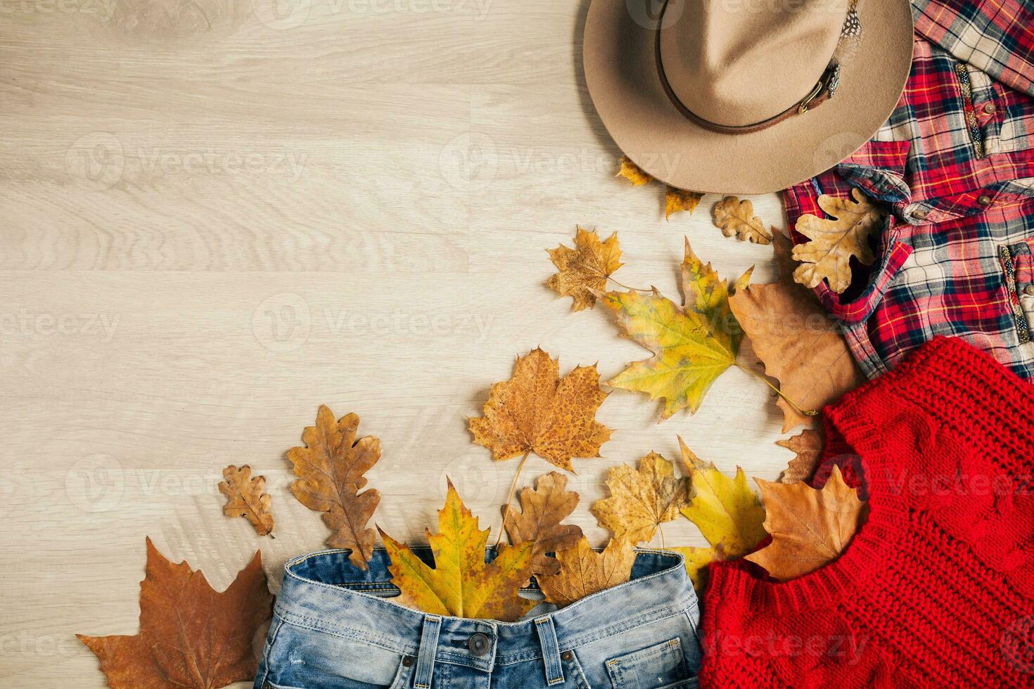 eben legen von Frau Stil und Zubehör, Herbst Mode Trend, Aussicht von über, Reisender Outfit foto