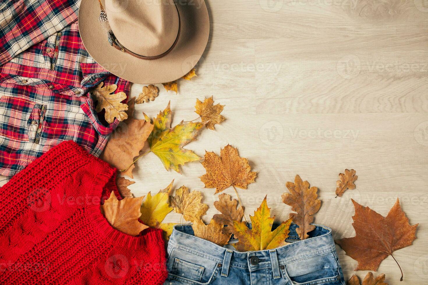 eben legen von Frau Stil und Zubehör, Herbst Mode Trend, Aussicht von über, Reisender Outfit foto