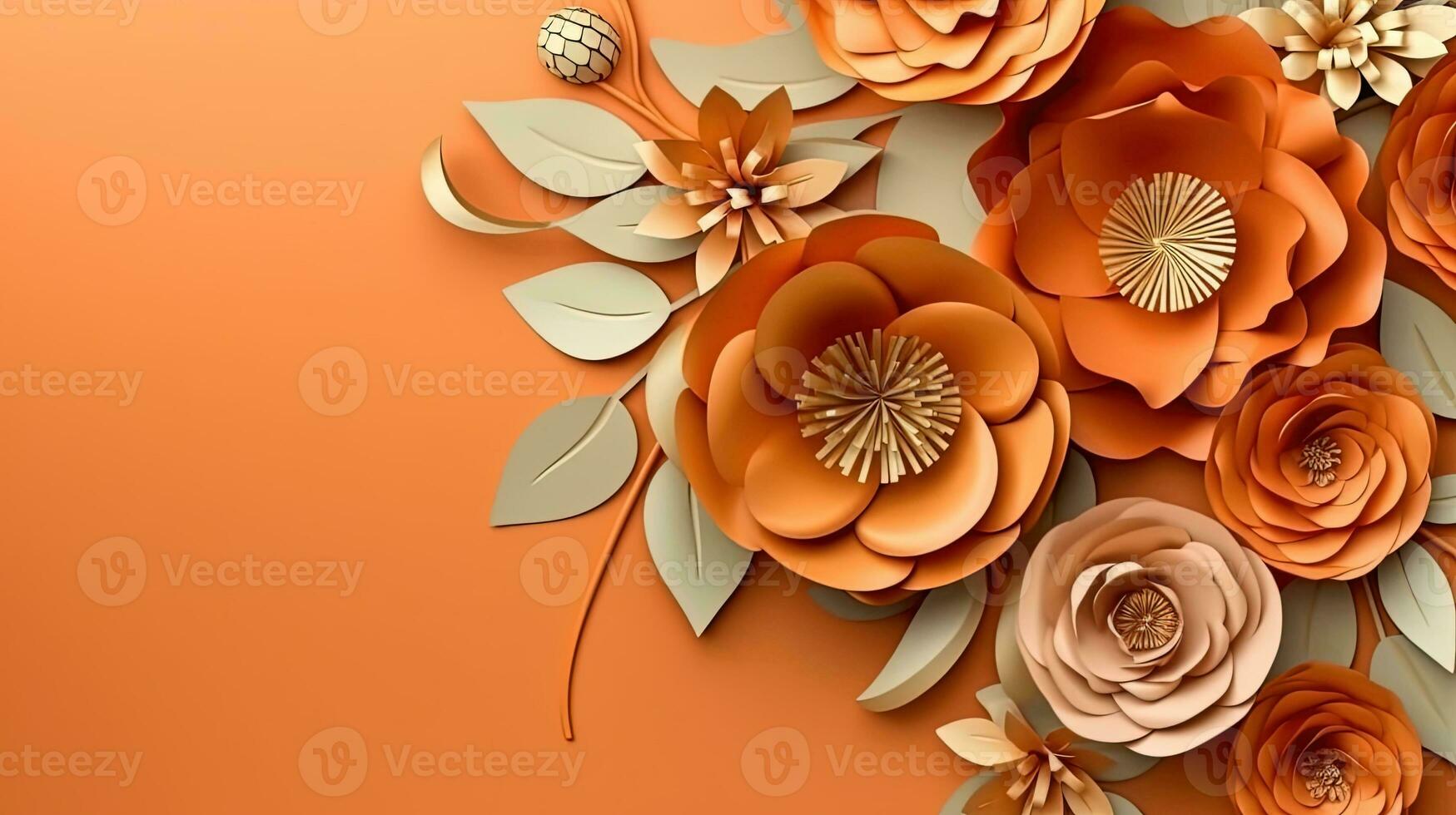 generativ ai, Papier Schnitt Kunst Blumen und Blätter, Aprikose zerquetschen Orange Farbe, Origami texturiert Hintergrund, Frühling Stimmung. Blumen- Rahmen Layout. foto