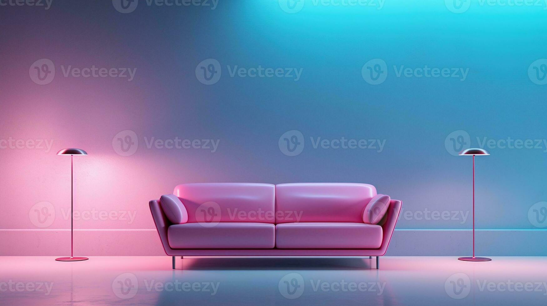 generativ ai, modern Neon- minimalistisch Innere, Blau und Rosa Farben, Sofa, Tabelle und Pflanzen foto