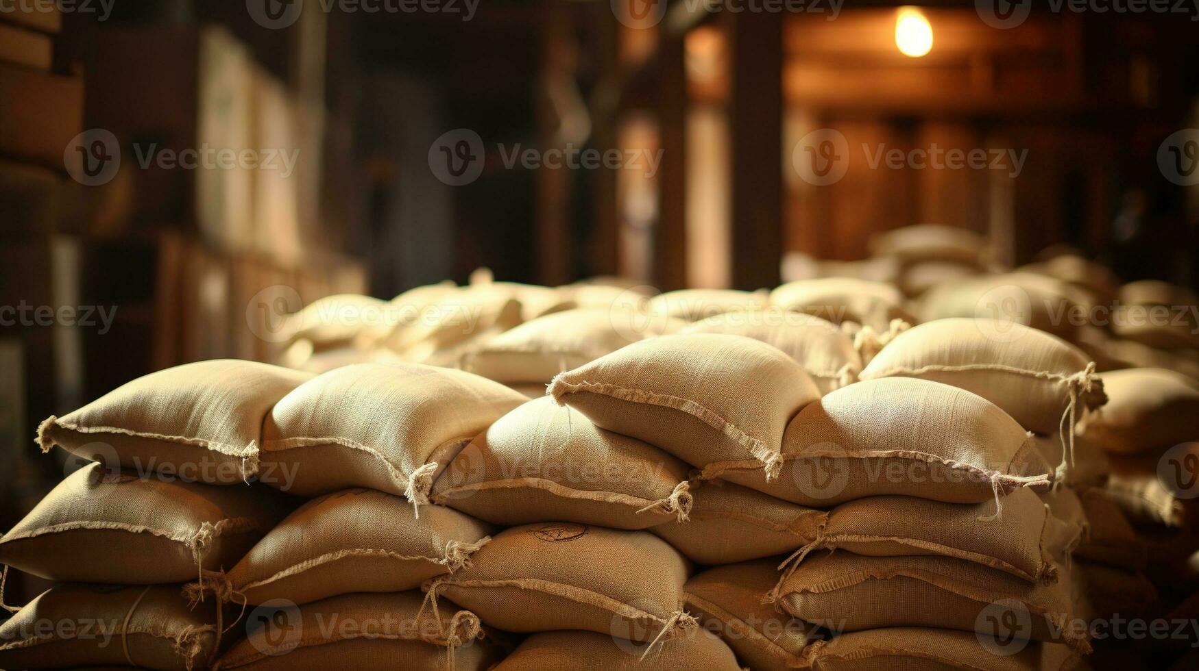 generativ ai, Stapel Hanf Säcke von Reis oder Kaffee, industriell Lager foto