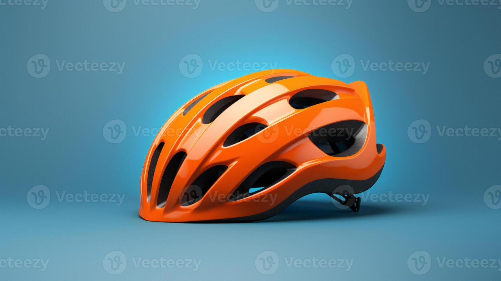 ein Orange Fahrrad Helm auf ein Blau Hintergrund ai generativ foto