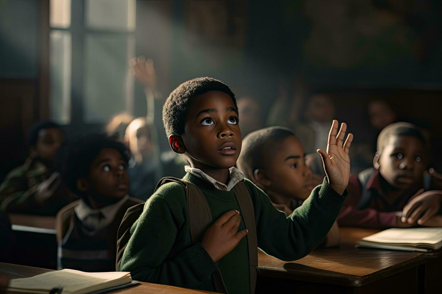 afrikanisch amerikanisch Junge im Schule Uniform winken Hand während Lektion im Klassenzimmer, ein afrikanisch amerikanisch Junge erhöht seine Hand zum ein Antworten im Klasse, ai generiert foto